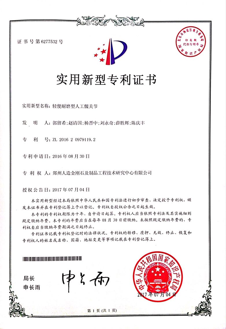 轻便耐磨型人工髋关节发明专利证书